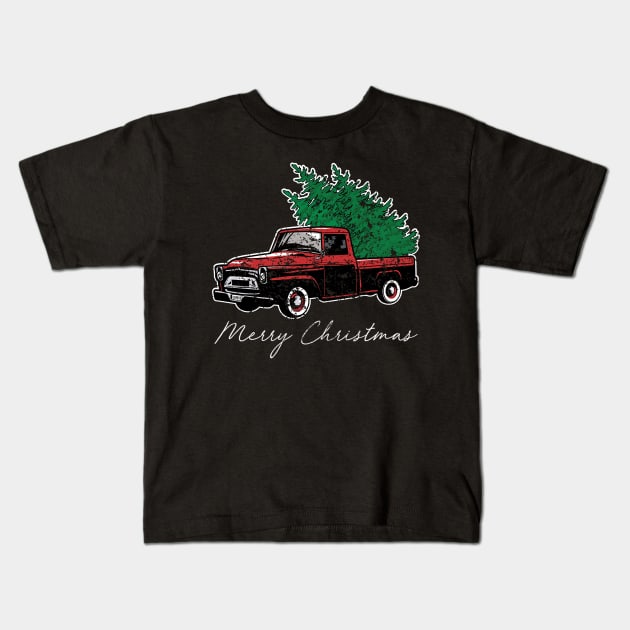 Merry Christmas Retro Vintage Red Truck Kids T-Shirt by Soema